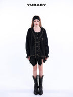 YUBABY Retro Studded Lace Trim Gothic Cross Distressed Women's Acrylic Blend Sweaters