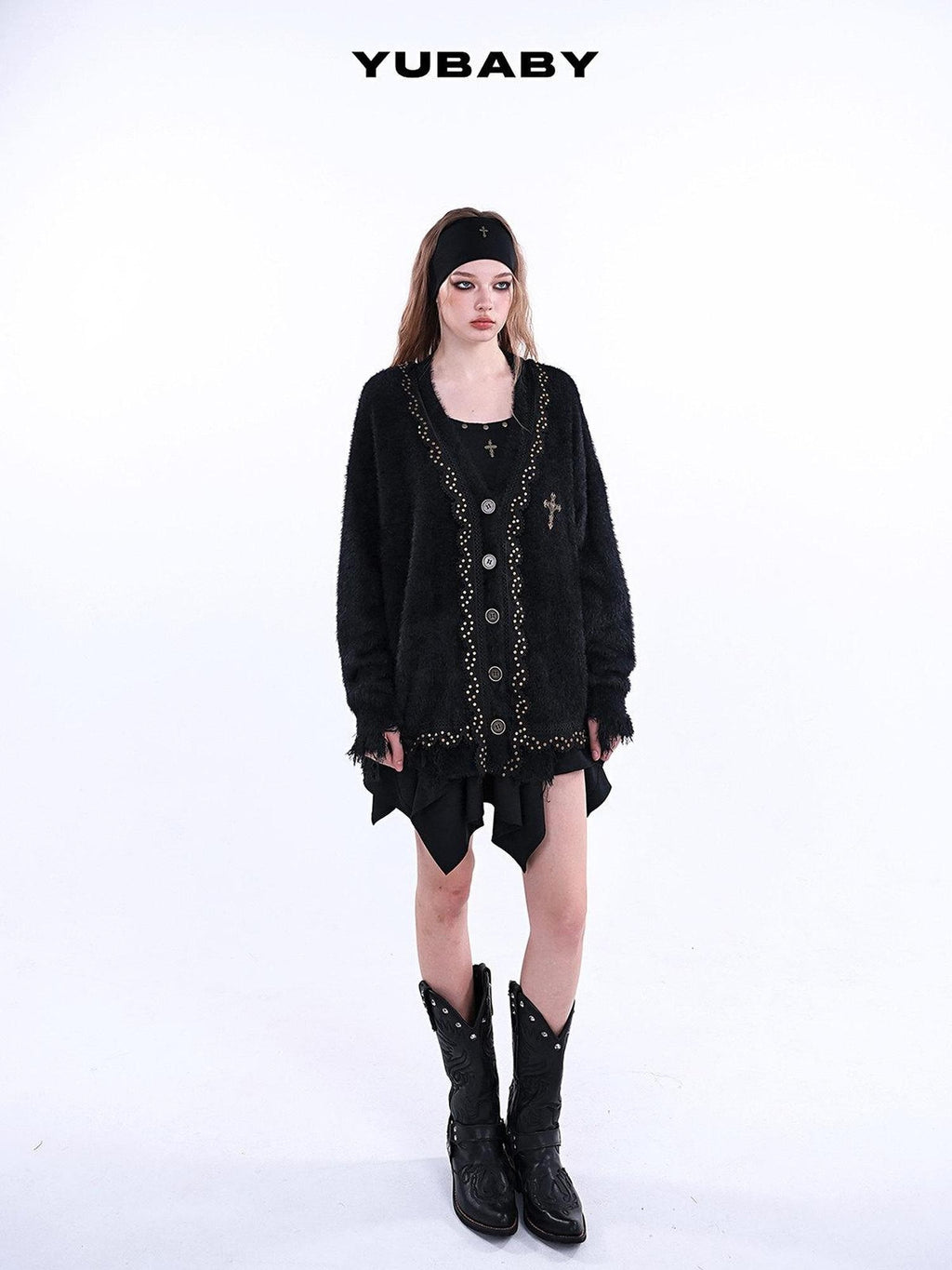 YUBABY Retro Studded Lace Trim Gothic Cross Distressed Women's Acrylic Blend Sweaters