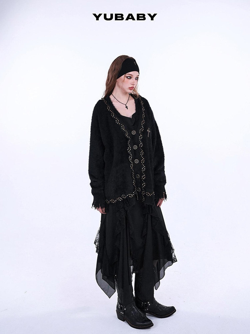 YUBABY Retro Studded Lace Trim Gothic Cross Distressed Women's Acrylic Blend Sweaters