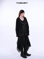 YUBABY Retro Studded Lace Trim Gothic Cross Distressed Women's Acrylic Blend Sweaters