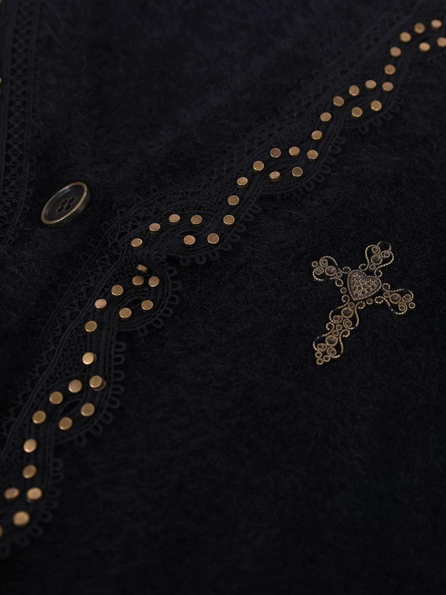 YUBABY Retro Studded Lace Trim Gothic Cross Distressed Women's Acrylic Blend Sweaters
