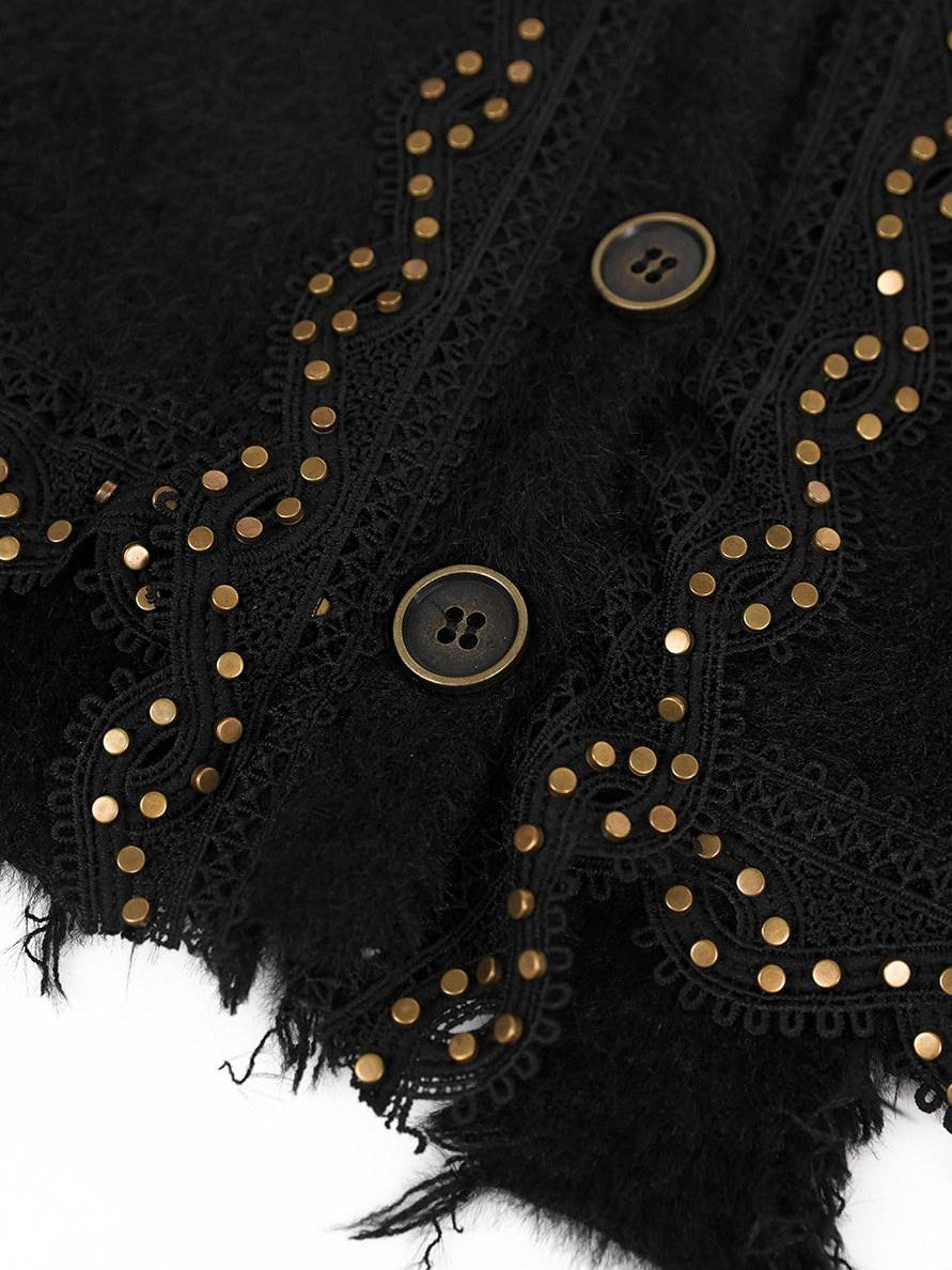 YUBABY Retro Studded Lace Trim Gothic Cross Distressed Women's Acrylic Blend Sweaters