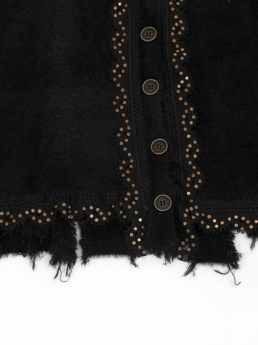 YUBABY Retro Studded Lace Trim Gothic Cross Distressed Women's Acrylic Blend Sweaters