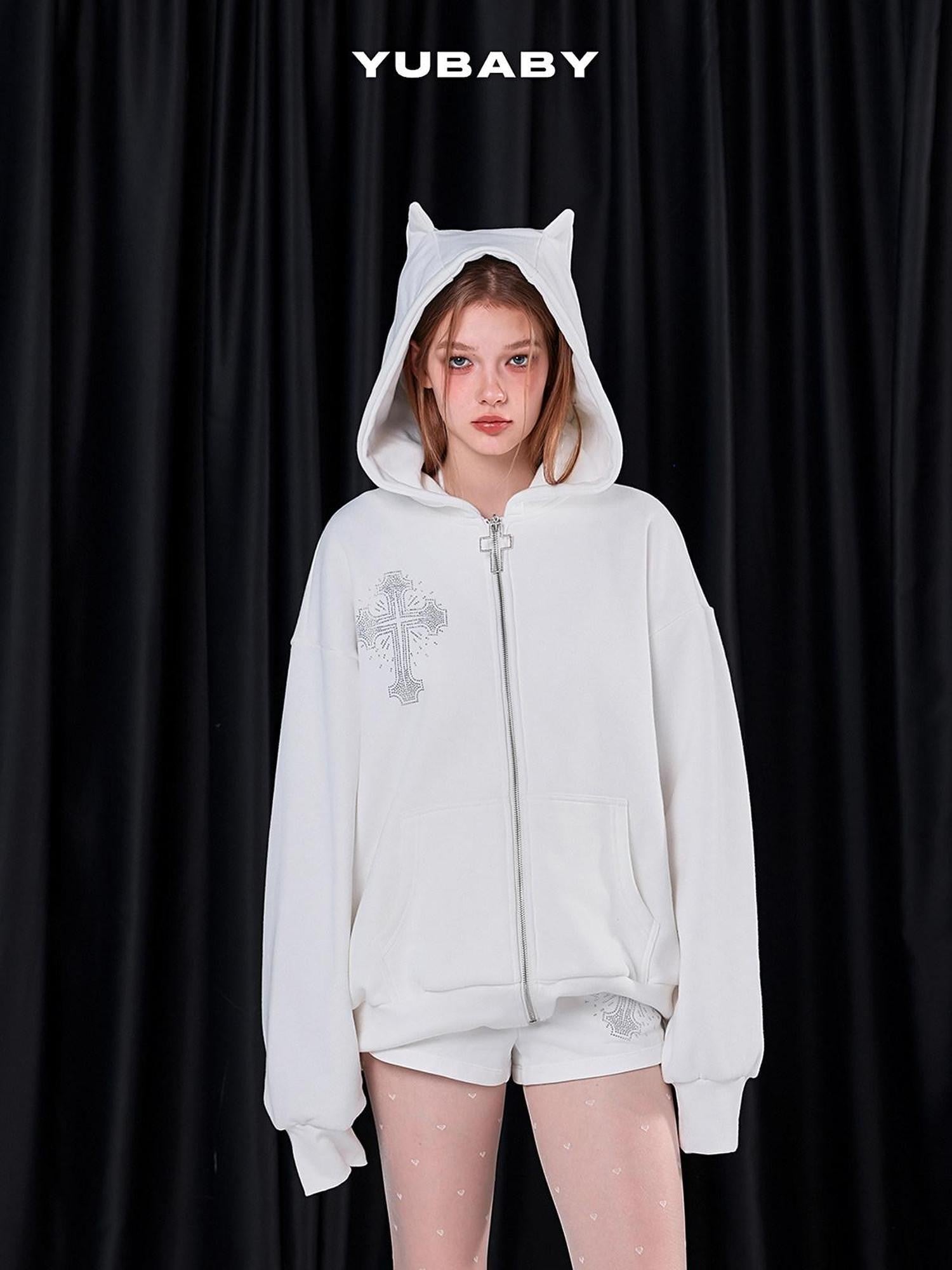YUBABY Rhinestone Cross Large Print Devil Ear Zip Fleece Women's Cotton Blend Hoodies