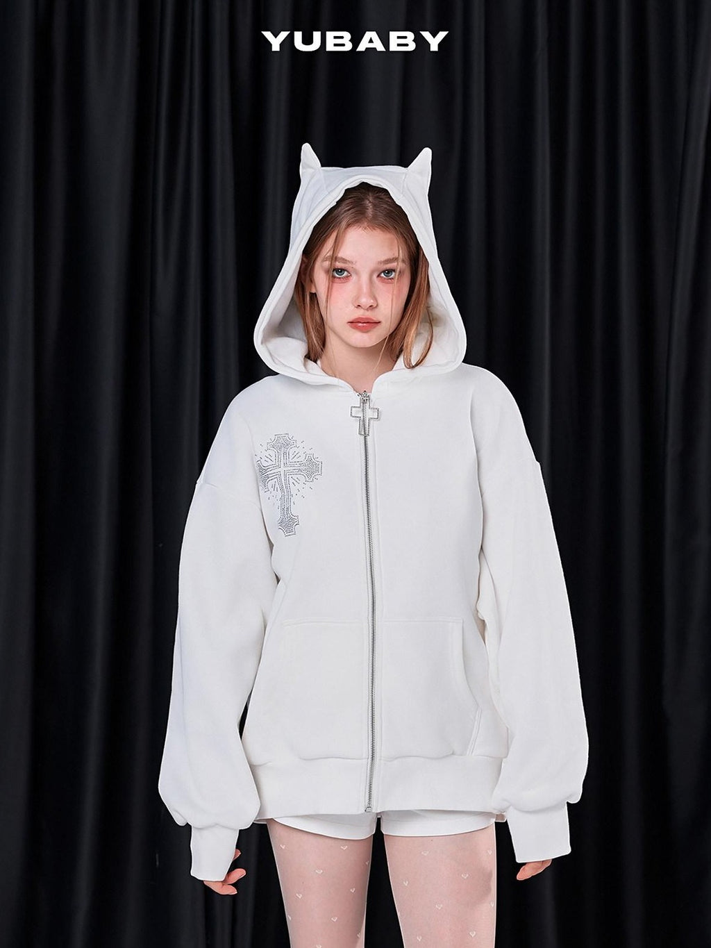 YUBABY Rhinestone Cross Large Print Devil Ear Zip Fleece Women's Cotton Blend Hoodies