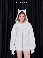 YUBABY Rhinestone Cross Large Print Devil Ear Zip Fleece Women's Cotton Blend Hoodies