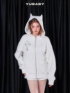 YUBABY Rhinestone Cross Large Print Devil Ear Zip Fleece Women's Cotton Blend Hoodies