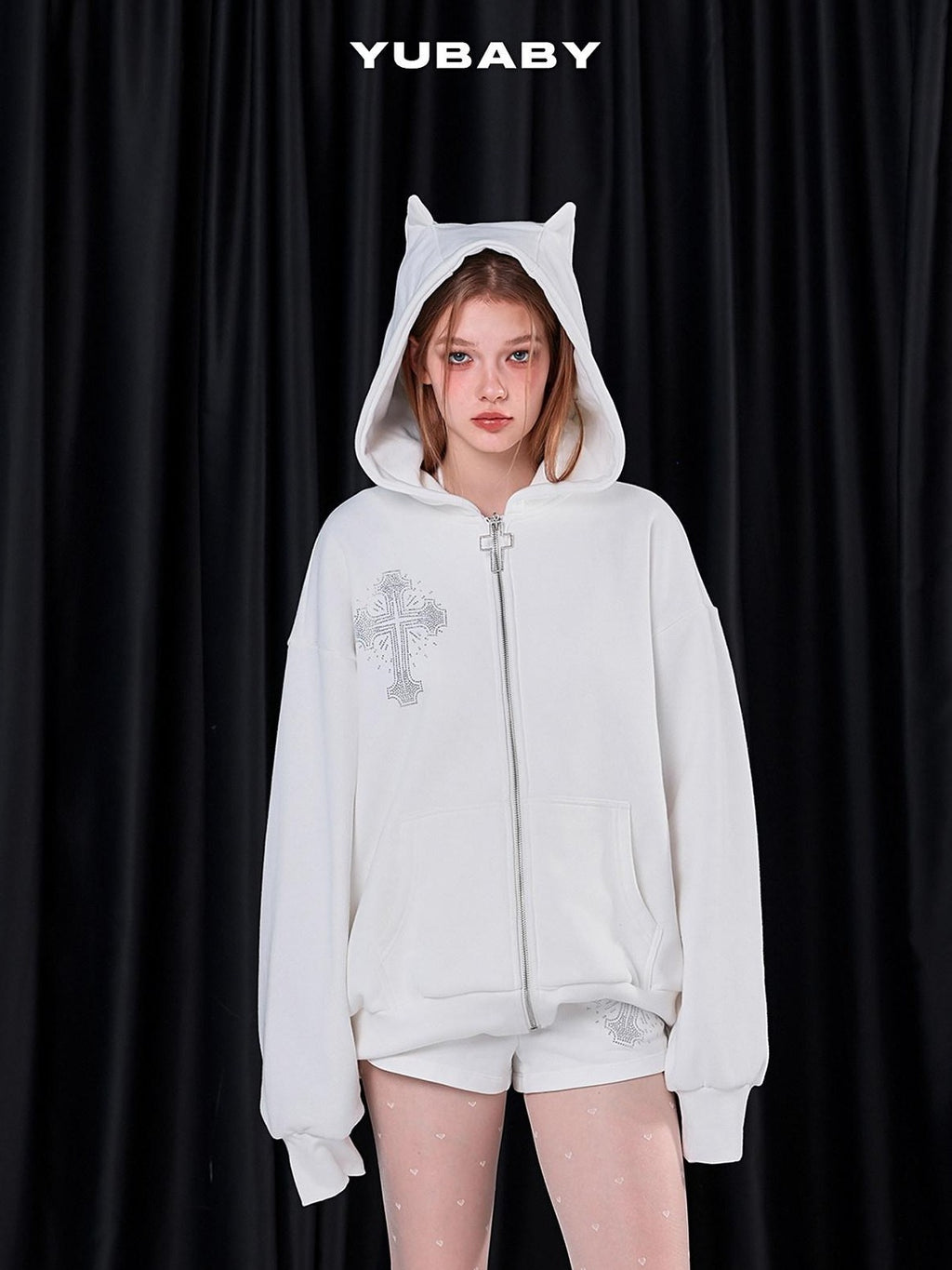 YUBABY Rhinestone Cross Large Print Devil Ear Zip Fleece Women's Cotton Blend Hoodies