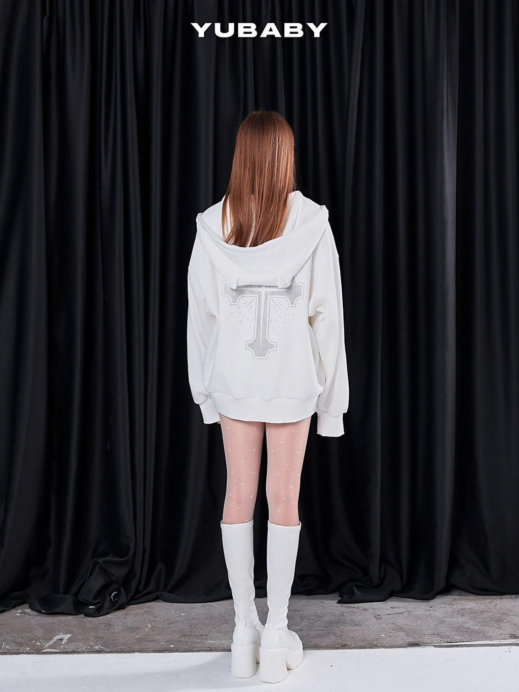YUBABY Rhinestone Cross Large Print Devil Ear Zip Fleece Women's Cotton Blend Hoodies