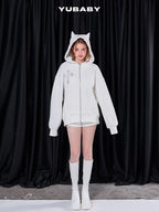 YUBABY Rhinestone Cross Large Print Devil Ear Zip Fleece Women's Cotton Blend Hoodies