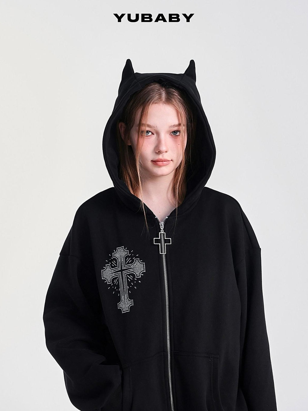 YUBABY Rhinestone Cross Large Print Devil Ear Zip Fleece Women's Cotton Blend Hoodies