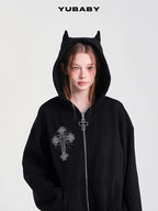 YUBABY Rhinestone Cross Large Print Devil Ear Zip Fleece Women's Cotton Blend Hoodies