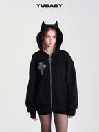 YUBABY Rhinestone Cross Large Print Devil Ear Zip Fleece Women's Cotton Blend Hoodies