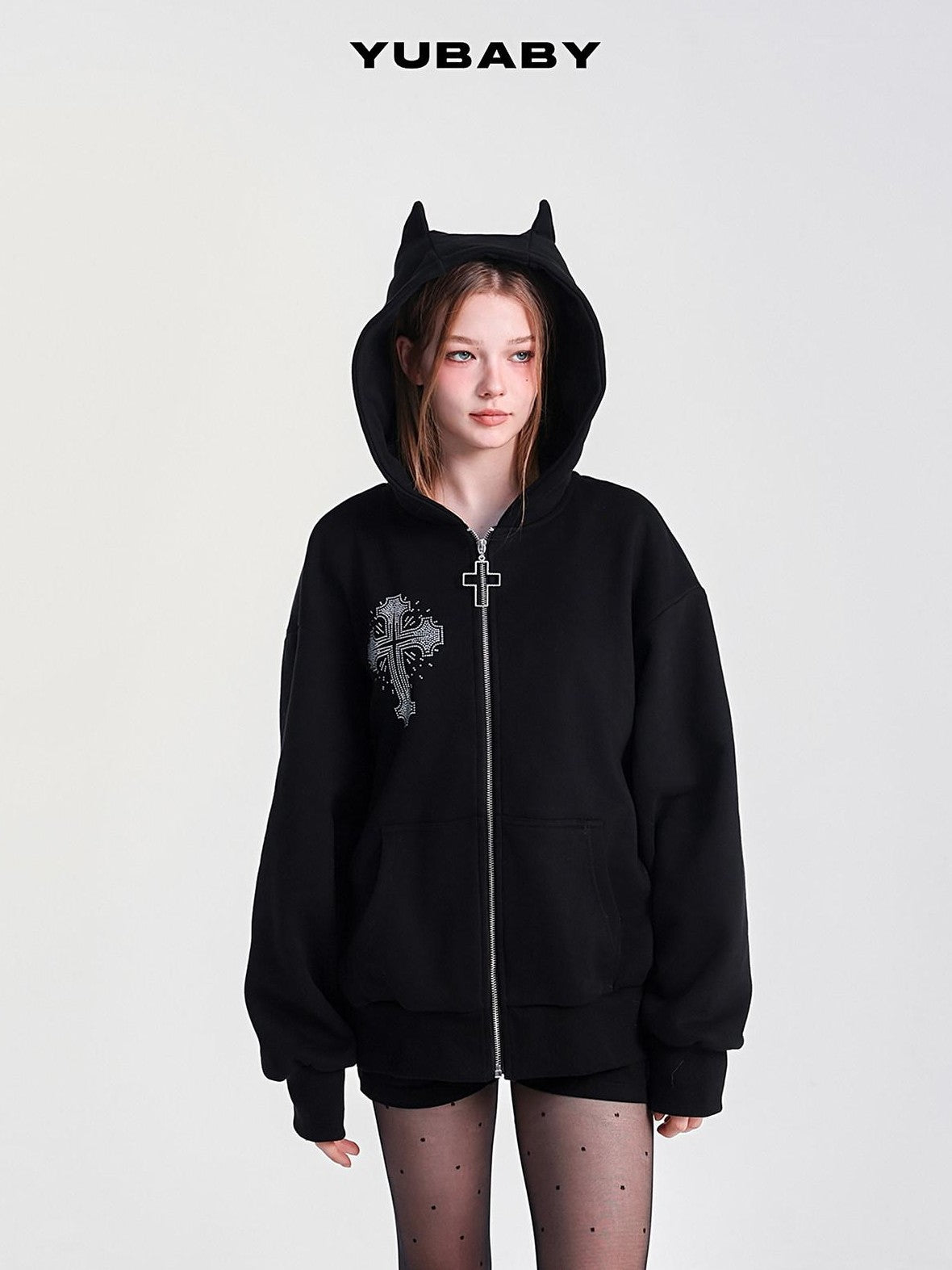 YUBABY Rhinestone Cross Large Print Devil Ear Zip Fleece Women's Cotton Blend Hoodies
