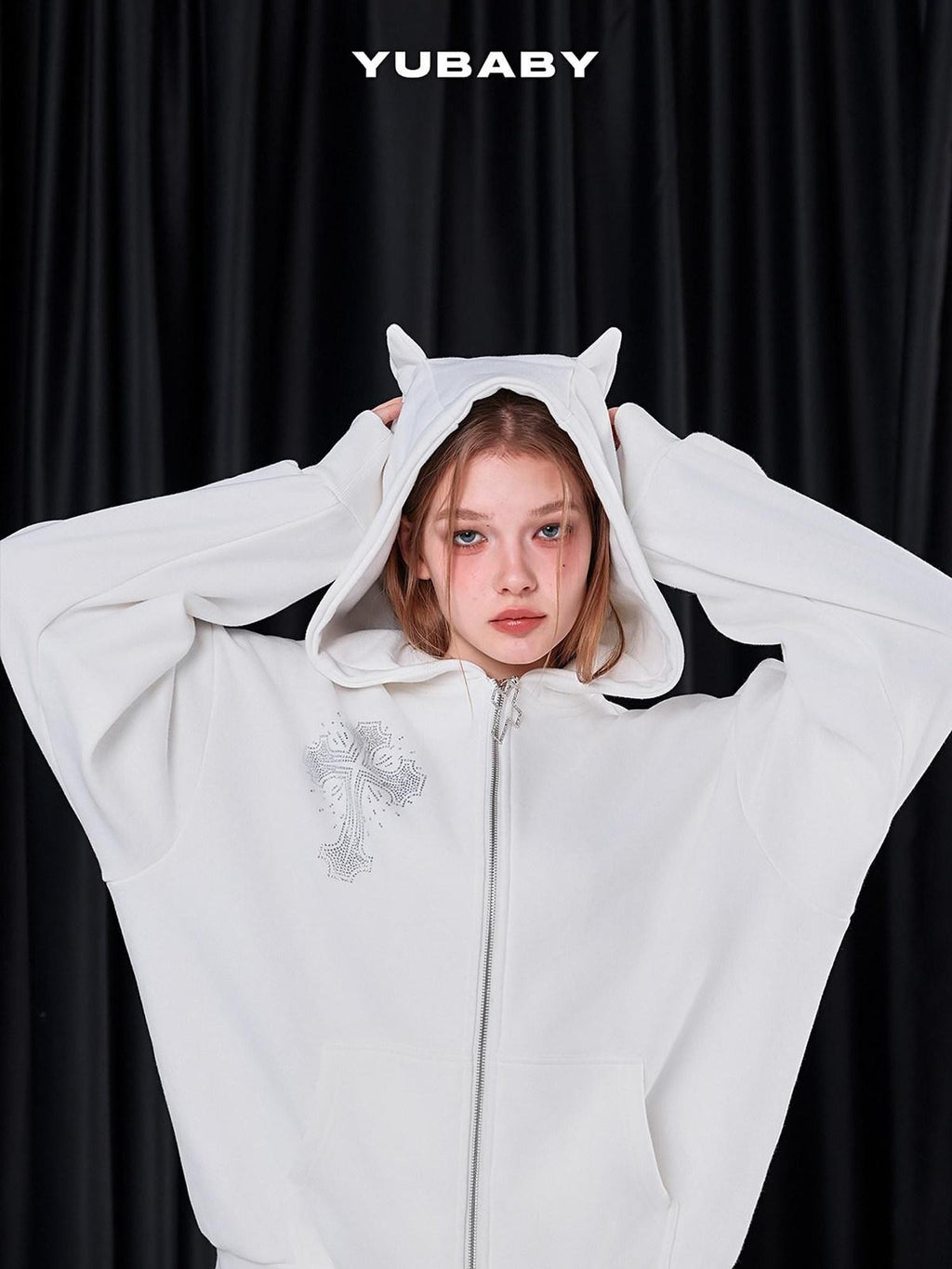 YUBABY Rhinestone Cross Large Print Devil Ear Zip Fleece Women's Cotton Blend Hoodies
