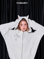 YUBABY Rhinestone Cross Large Print Devil Ear Zip Fleece Women's Cotton Blend Hoodies