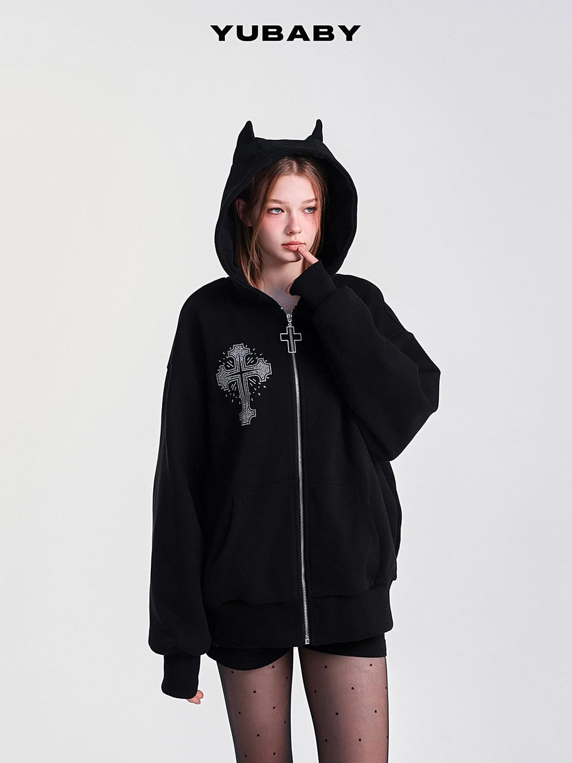 YUBABY Rhinestone Cross Large Print Devil Ear Zip Fleece Women's Cotton Blend Hoodies
