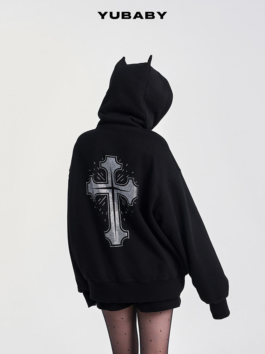 YUBABY Rhinestone Cross Large Print Devil Ear Zip Fleece Women's Cotton Blend Hoodies