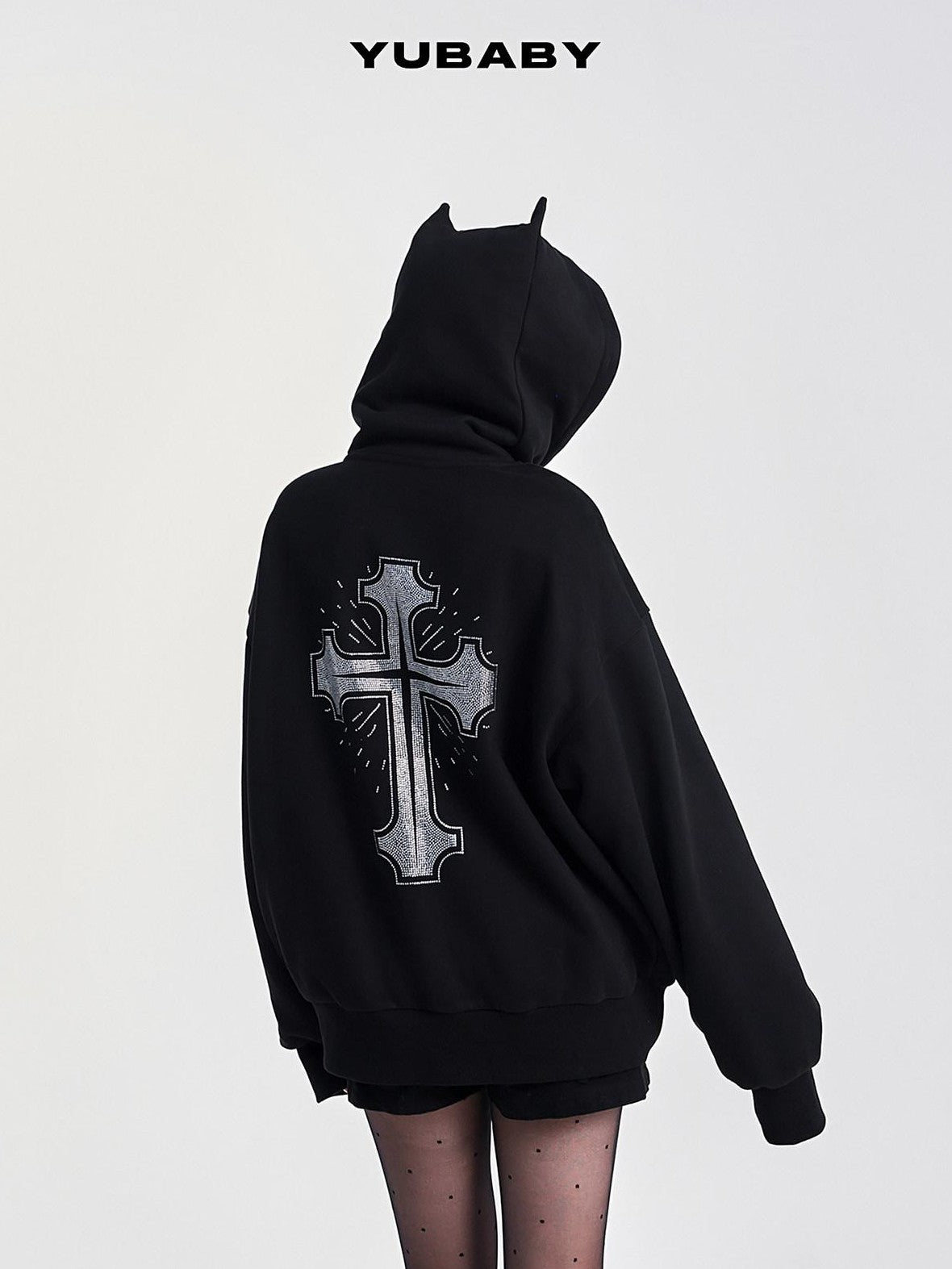 YUBABY Rhinestone Cross Large Print Devil Ear Zip Fleece Women's Cotton Blend Hoodies