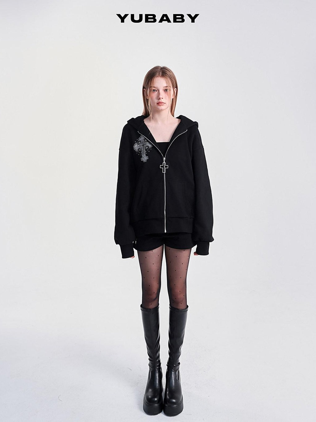 YUBABY Rhinestone Cross Large Print Devil Ear Zip Fleece Women's Cotton Blend Hoodies