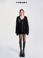 YUBABY Rhinestone Cross Large Print Devil Ear Zip Fleece Women's Cotton Blend Hoodies