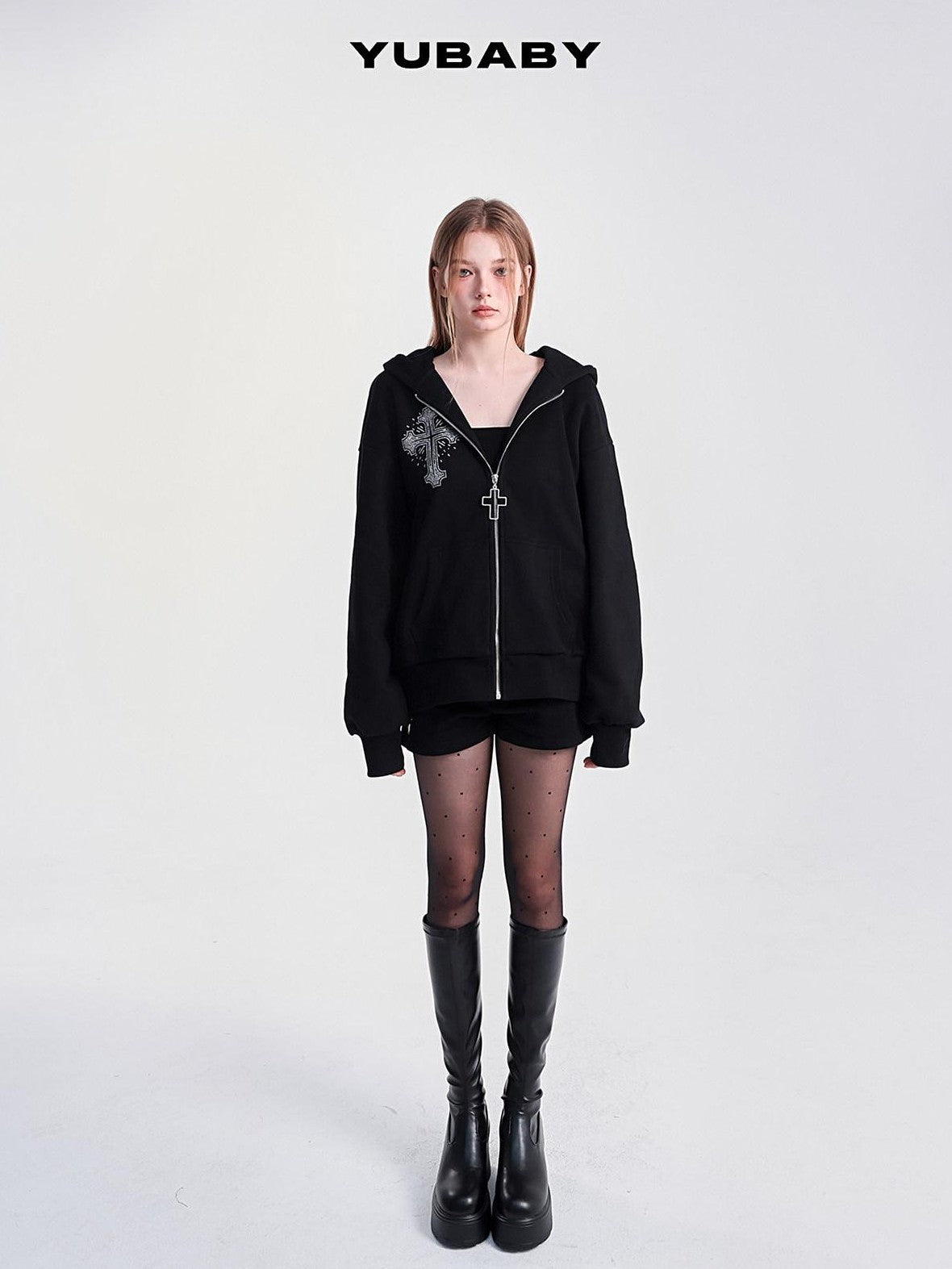 YUBABY Rhinestone Cross Large Print Devil Ear Zip Fleece Women's Cotton Blend Hoodies