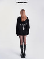 YUBABY Rhinestone Cross Large Print Devil Ear Zip Fleece Women's Cotton Blend Hoodies