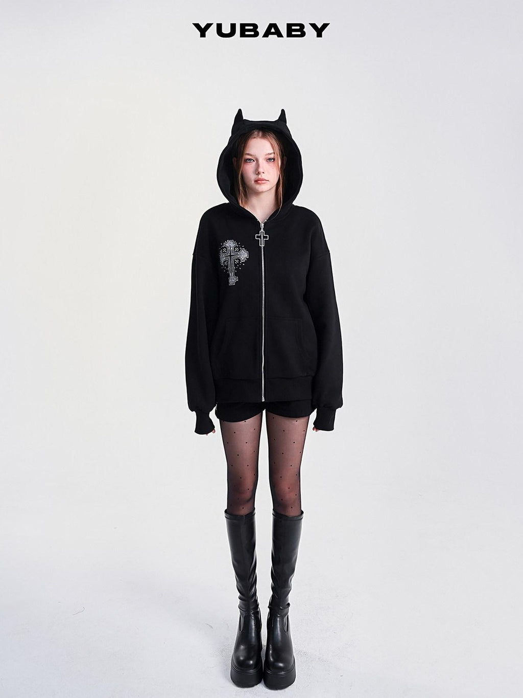 YUBABY Rhinestone Cross Large Print Devil Ear Zip Fleece Women's Cotton Blend Hoodies