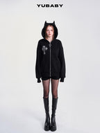 YUBABY Rhinestone Cross Large Print Devil Ear Zip Fleece Women's Cotton Blend Hoodies