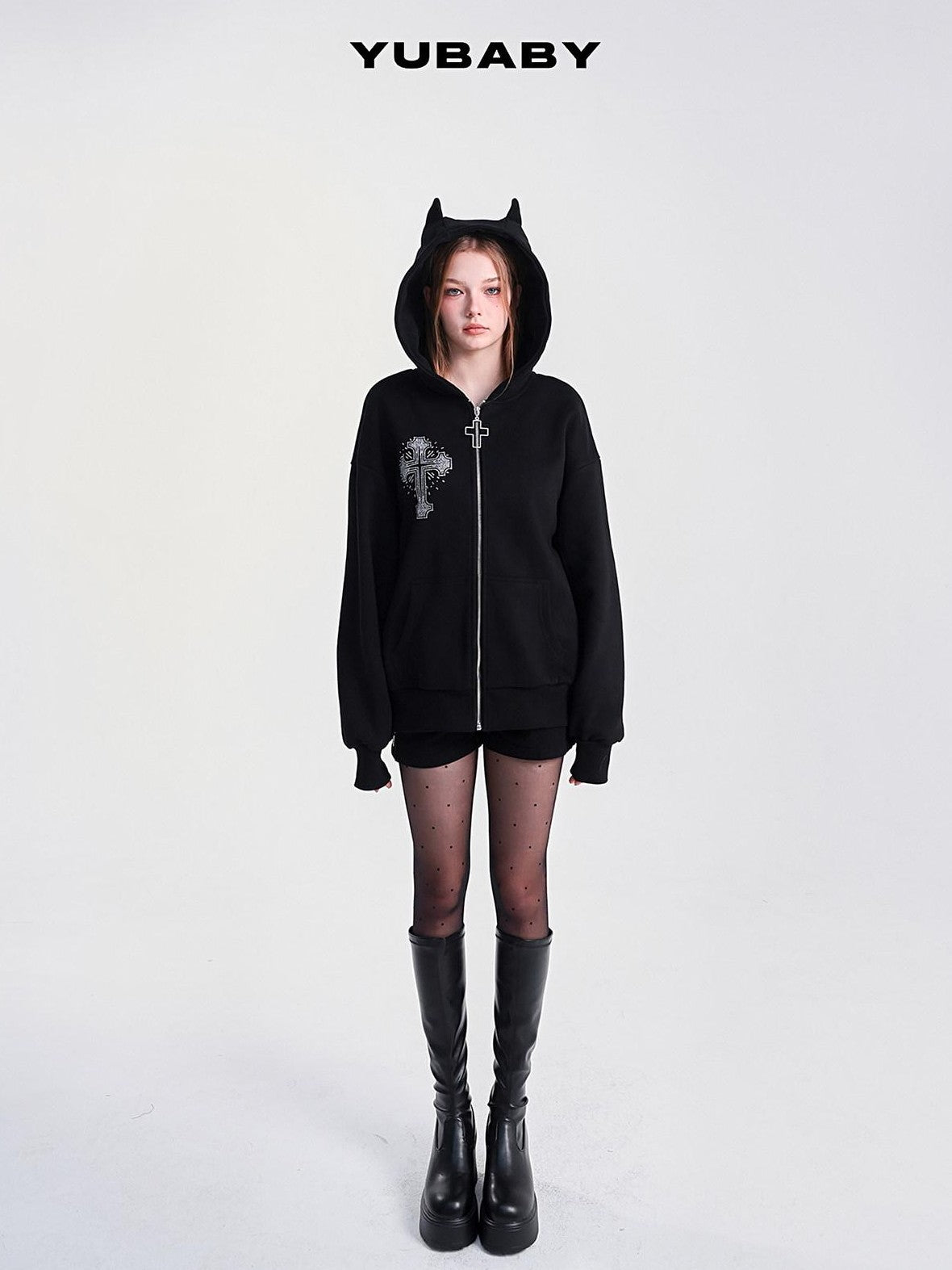 YUBABY Rhinestone Cross Large Print Devil Ear Zip Fleece Women's Cotton Blend Hoodies