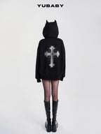 YUBABY Rhinestone Cross Large Print Devil Ear Zip Fleece Women's Cotton Blend Hoodies