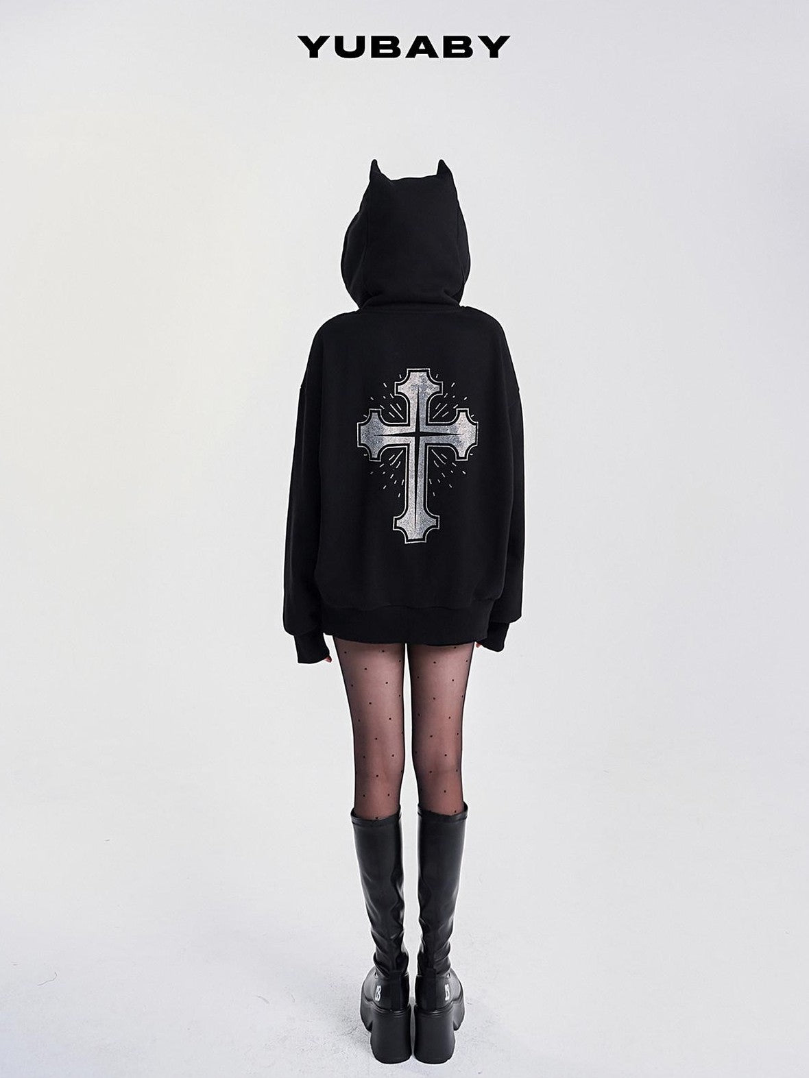 YUBABY Rhinestone Cross Large Print Devil Ear Zip Fleece Women's Cotton Blend Hoodies