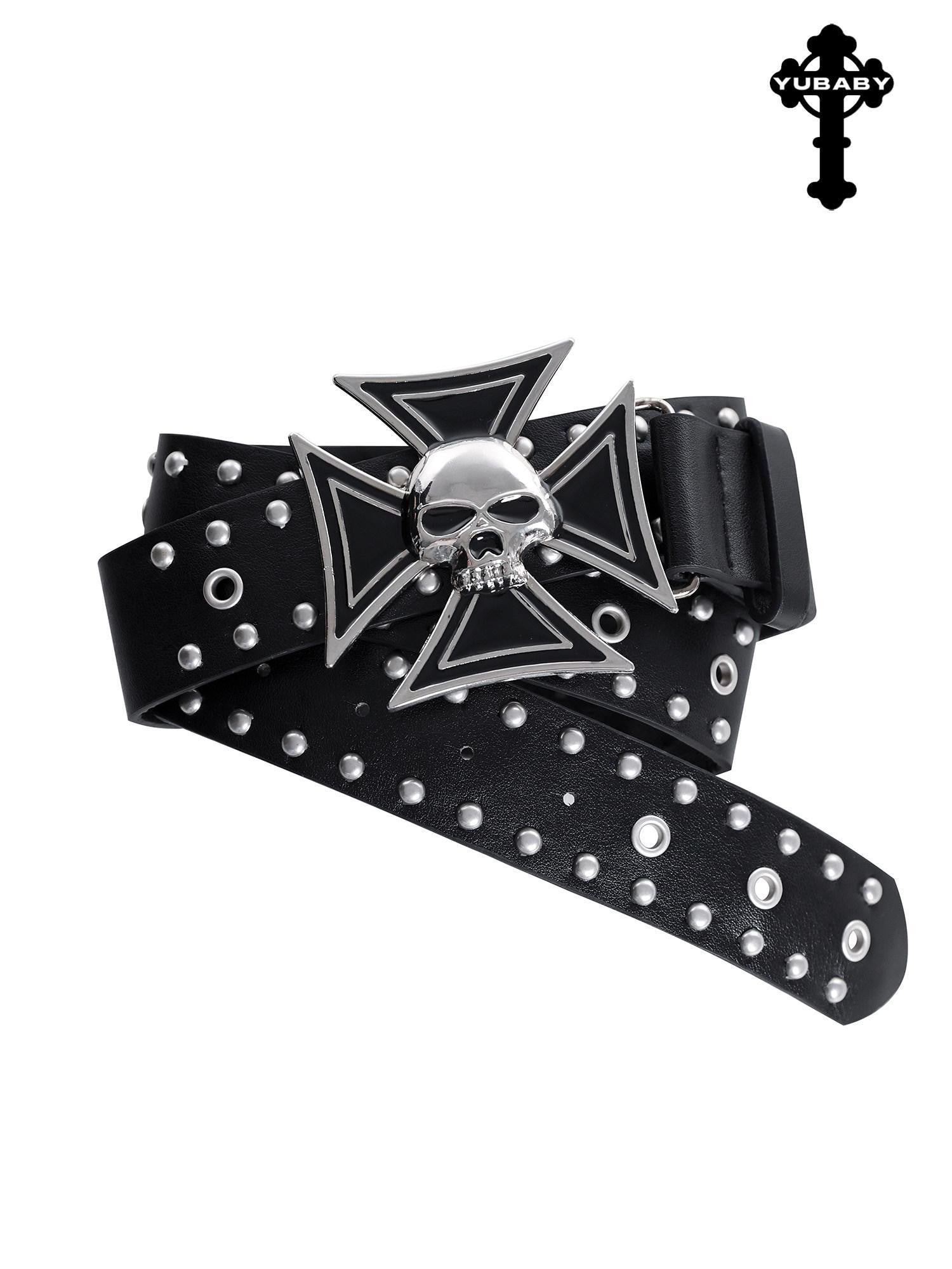 YUBABY Rivet Studded Dark Skull Cross Retro Punk Women's Metal Belts