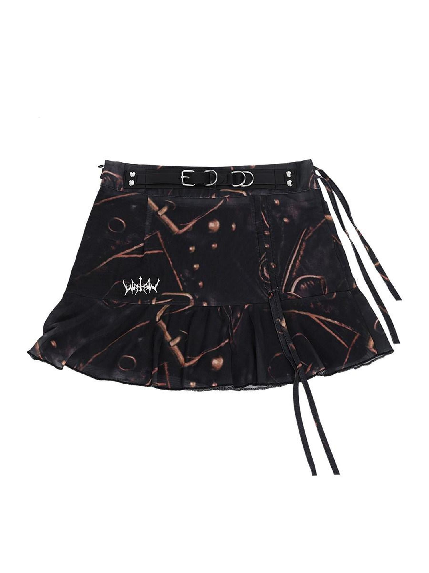 YUBABY Ruffle Hem Punk Belt Buckle High Waist Women's Brocade Mini Skirts