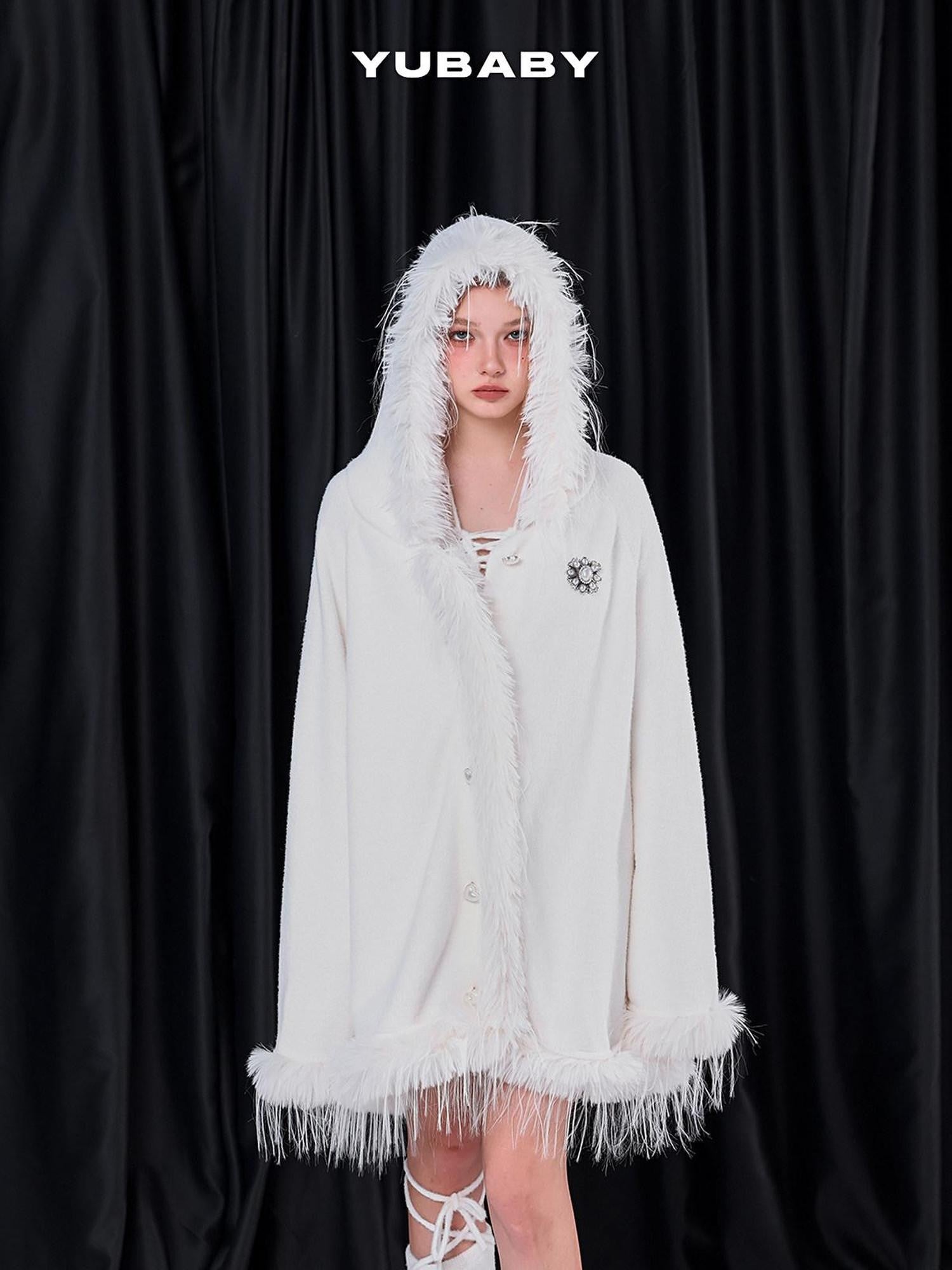 YUBABY Snow White Fur Collar Hooded Cape Knit Women's Acrylic Blend Cardigans