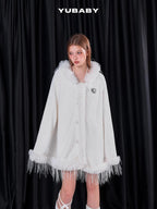 YUBABY Snow White Fur Collar Hooded Cape Knit Women's Acrylic Blend Cardigans