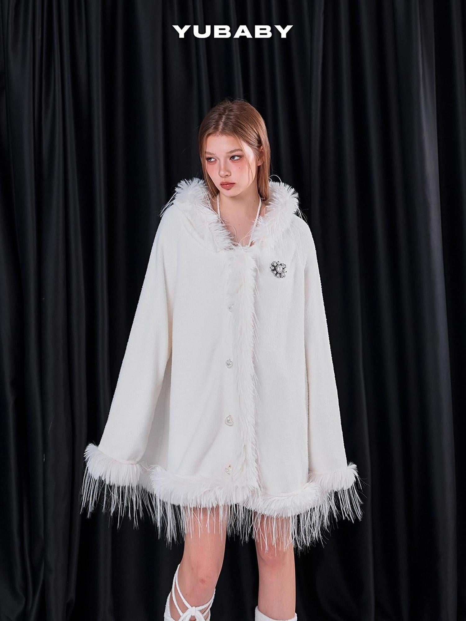 YUBABY Snow White Fur Collar Hooded Cape Knit Women's Acrylic Blend Cardigans