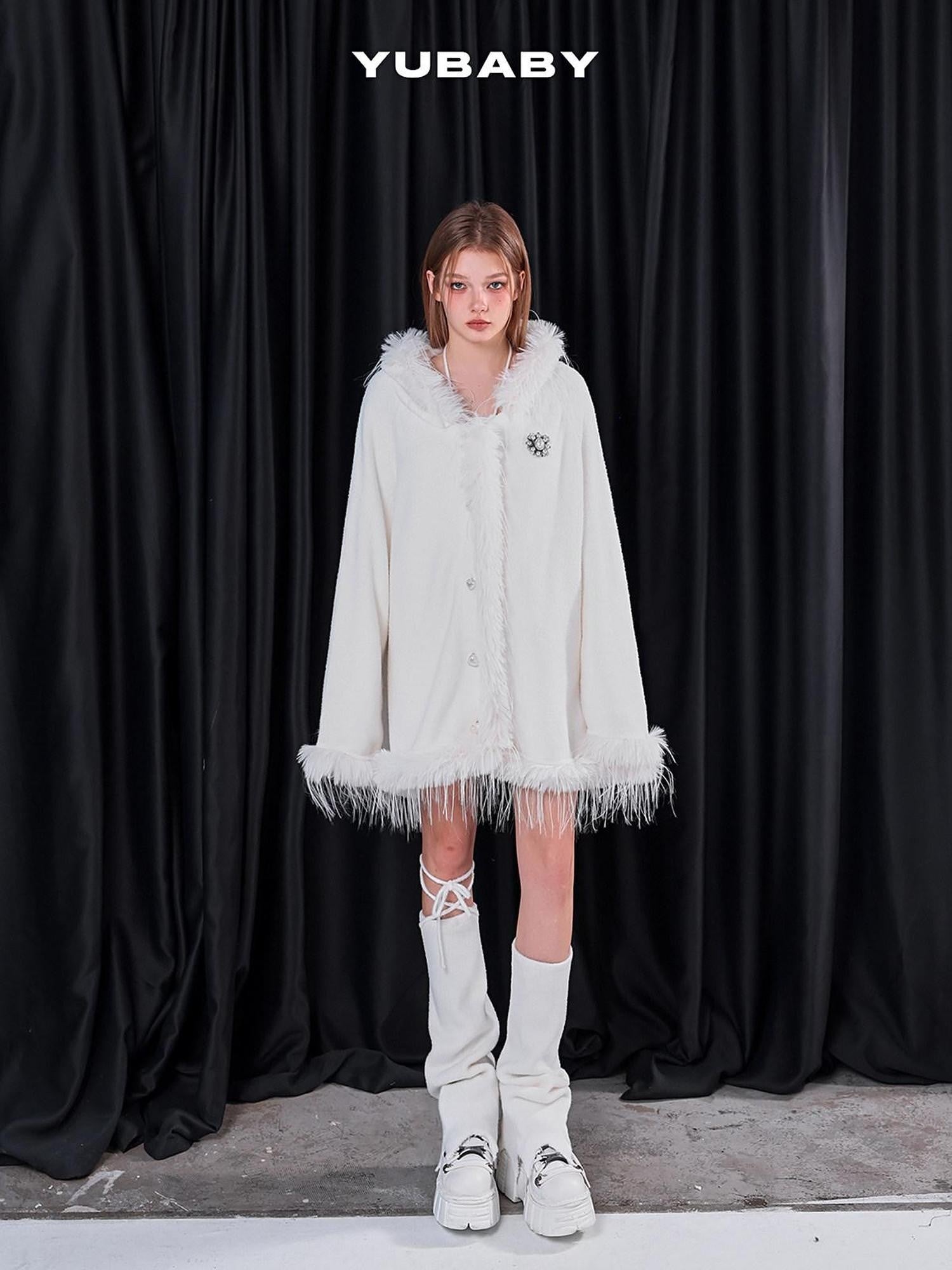 YUBABY Snow White Fur Collar Hooded Cape Knit Women's Acrylic Blend Cardigans
