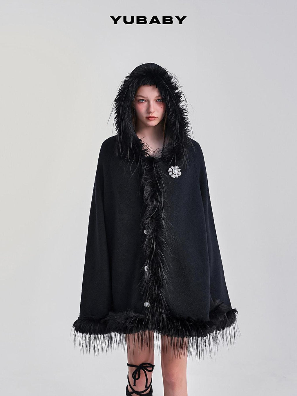 YUBABY Snow White Fur Collar Hooded Cape Knit Women's Acrylic Blend Cardigans