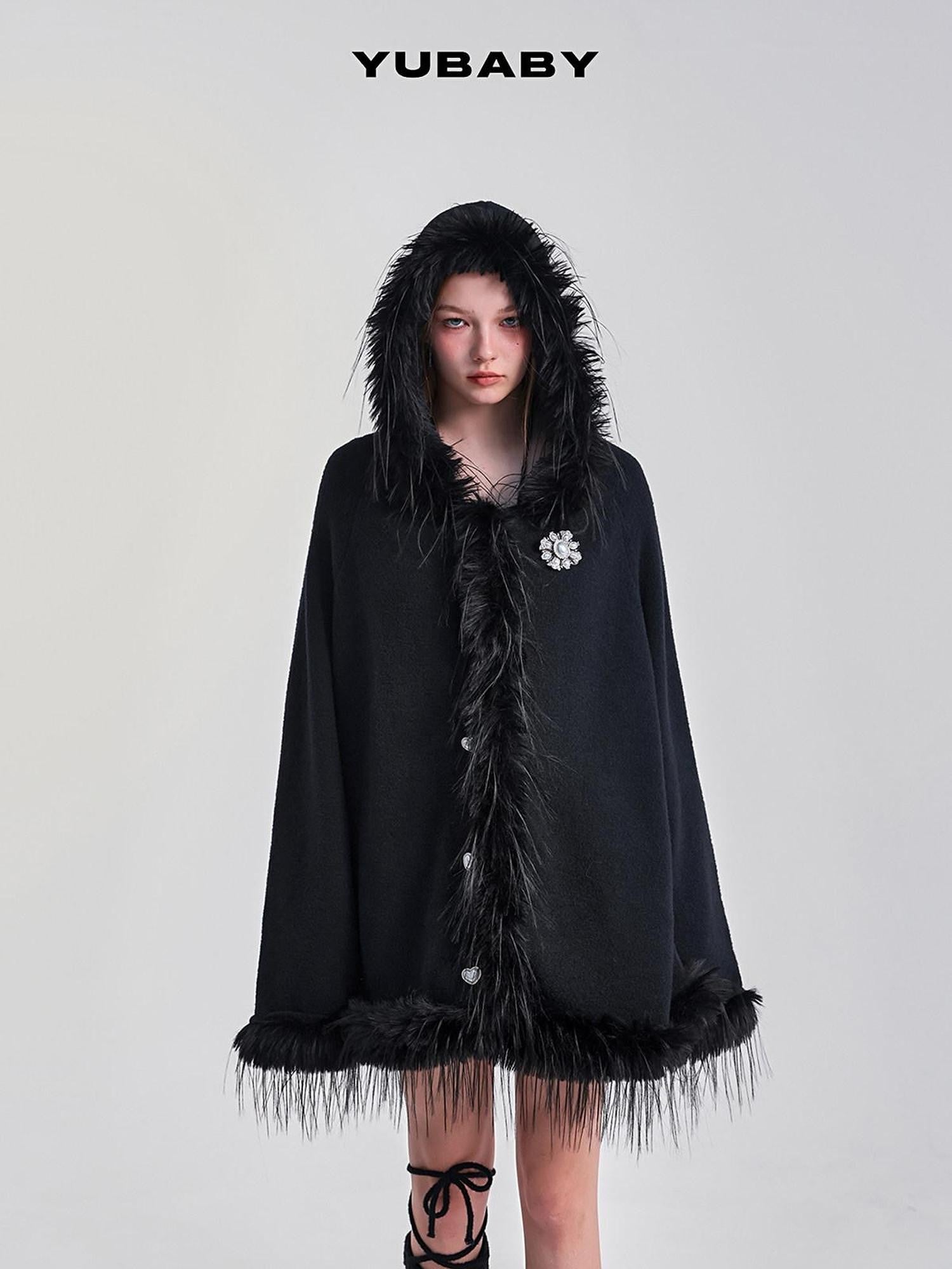 YUBABY Snow White Fur Collar Hooded Cape Knit Women's Acrylic Blend Cardigans