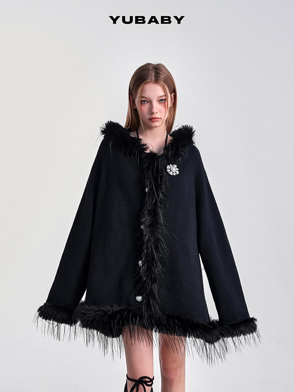 YUBABY Snow White Fur Collar Hooded Cape Knit Women's Acrylic Blend Cardigans