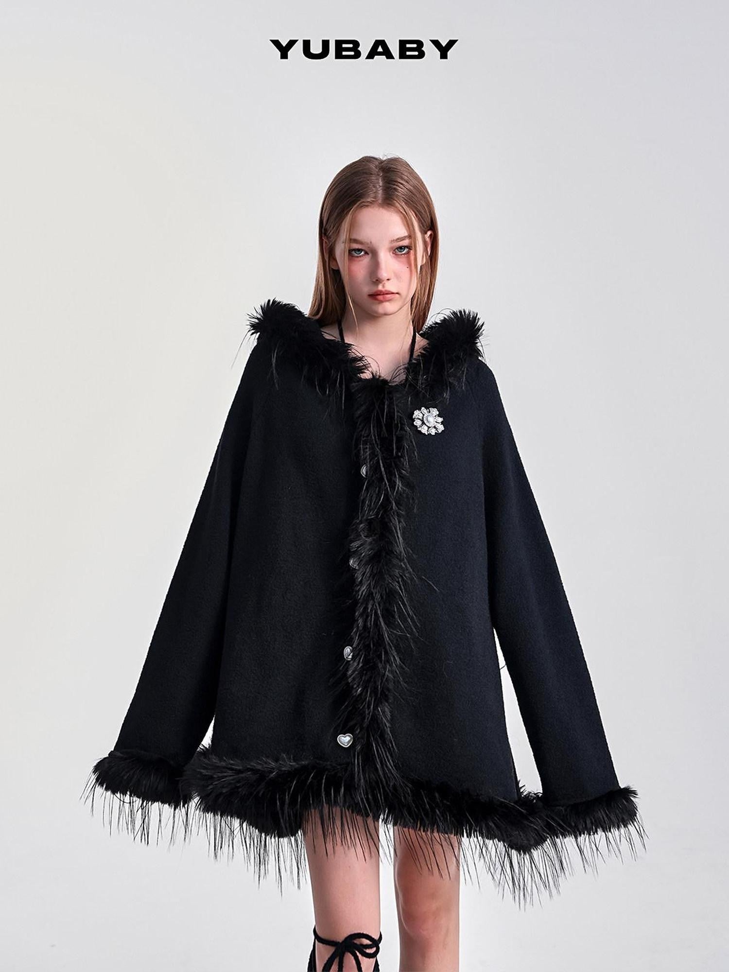 YUBABY Snow White Fur Collar Hooded Cape Knit Women's Acrylic Blend Cardigans