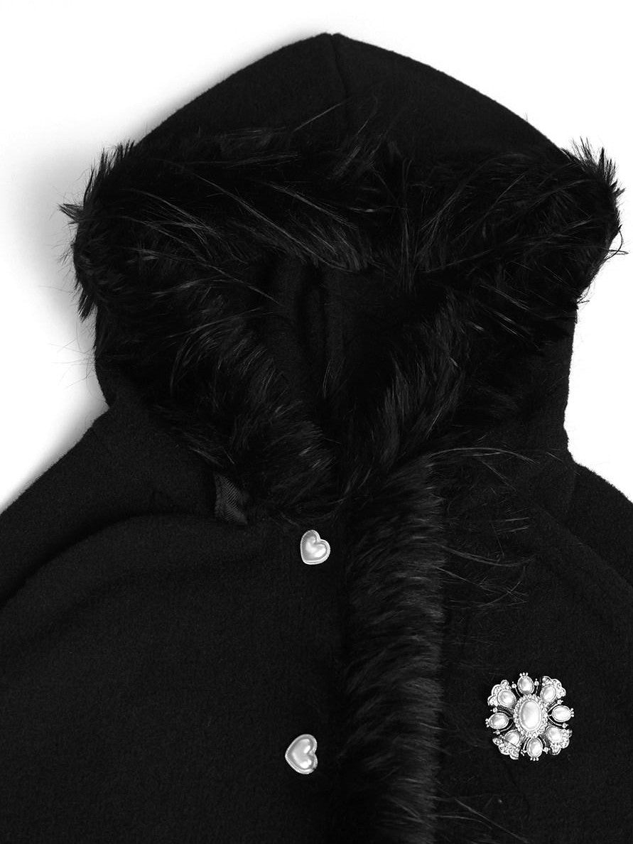 YUBABY Snow White Fur Collar Hooded Cape Knit Women's Acrylic Blend Cardigans