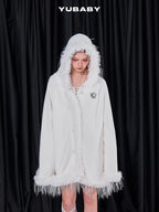 YUBABY Snow White Fur Collar Hooded Cape Knit Women's Acrylic Blend Cardigans