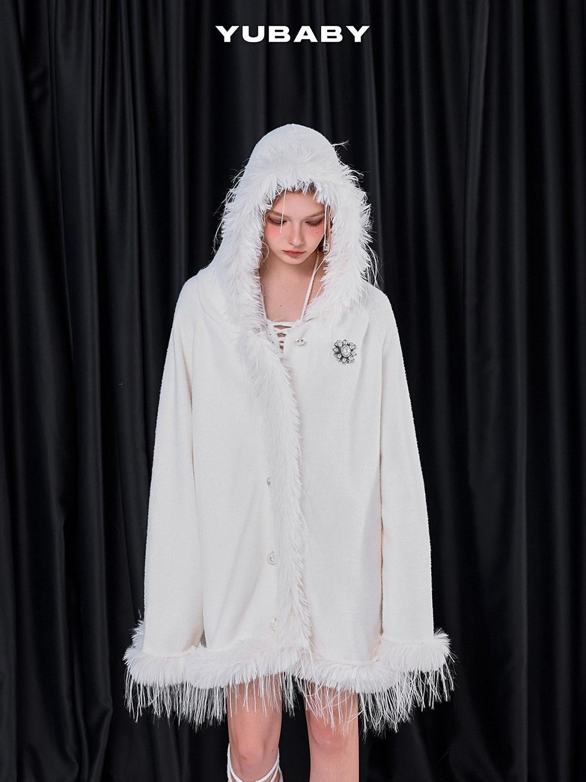 YUBABY Snow White Fur Collar Hooded Cape Knit Women's Acrylic Blend Cardigans