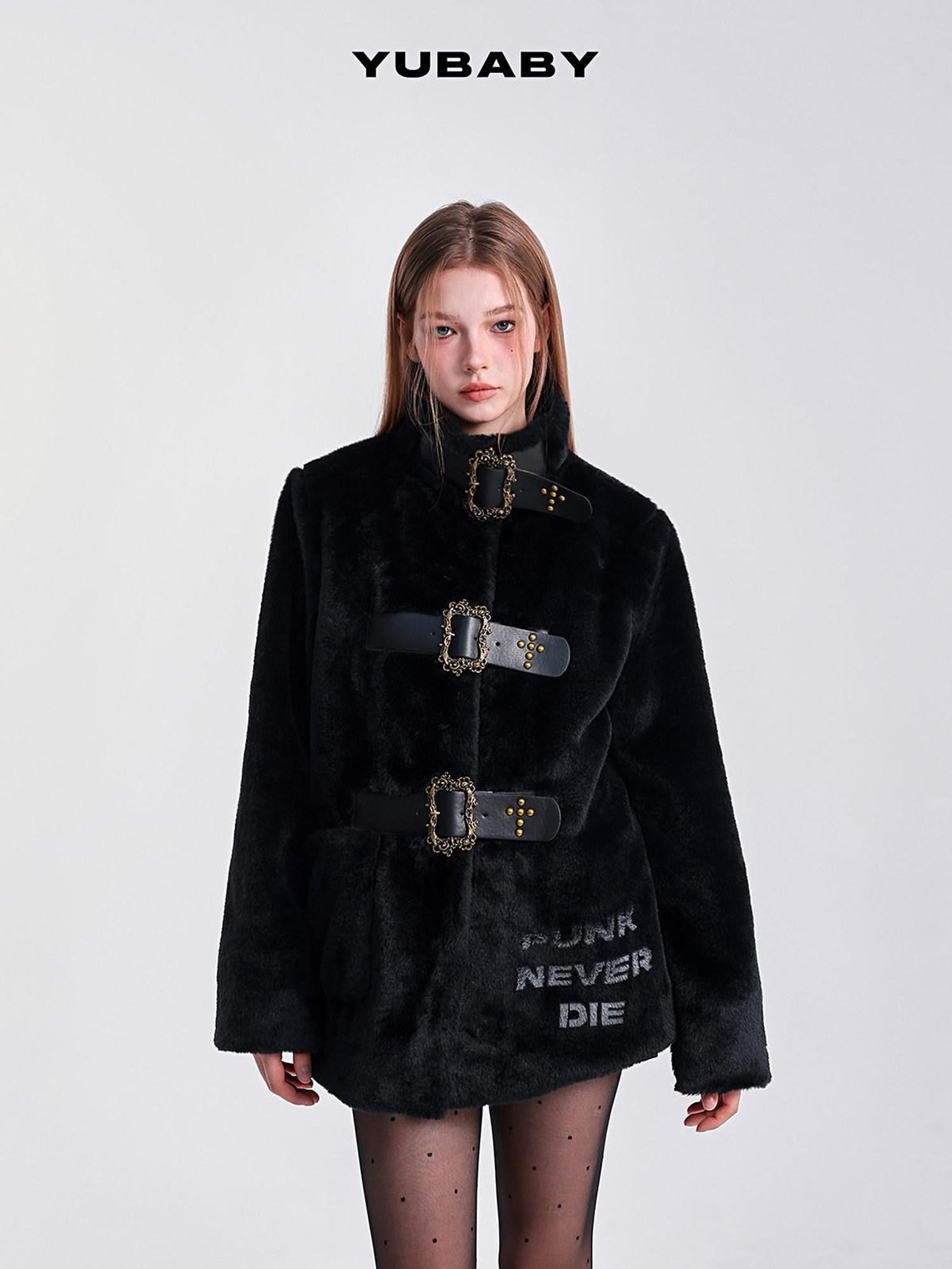 YUBABY Studded Cross Carved Belt Buckle Stand Collar Women's Faux Fur Wool Coats