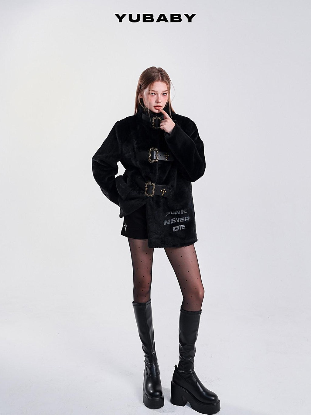 YUBABY Studded Cross Carved Belt Buckle Stand Collar Women's Faux Fur Wool Coats