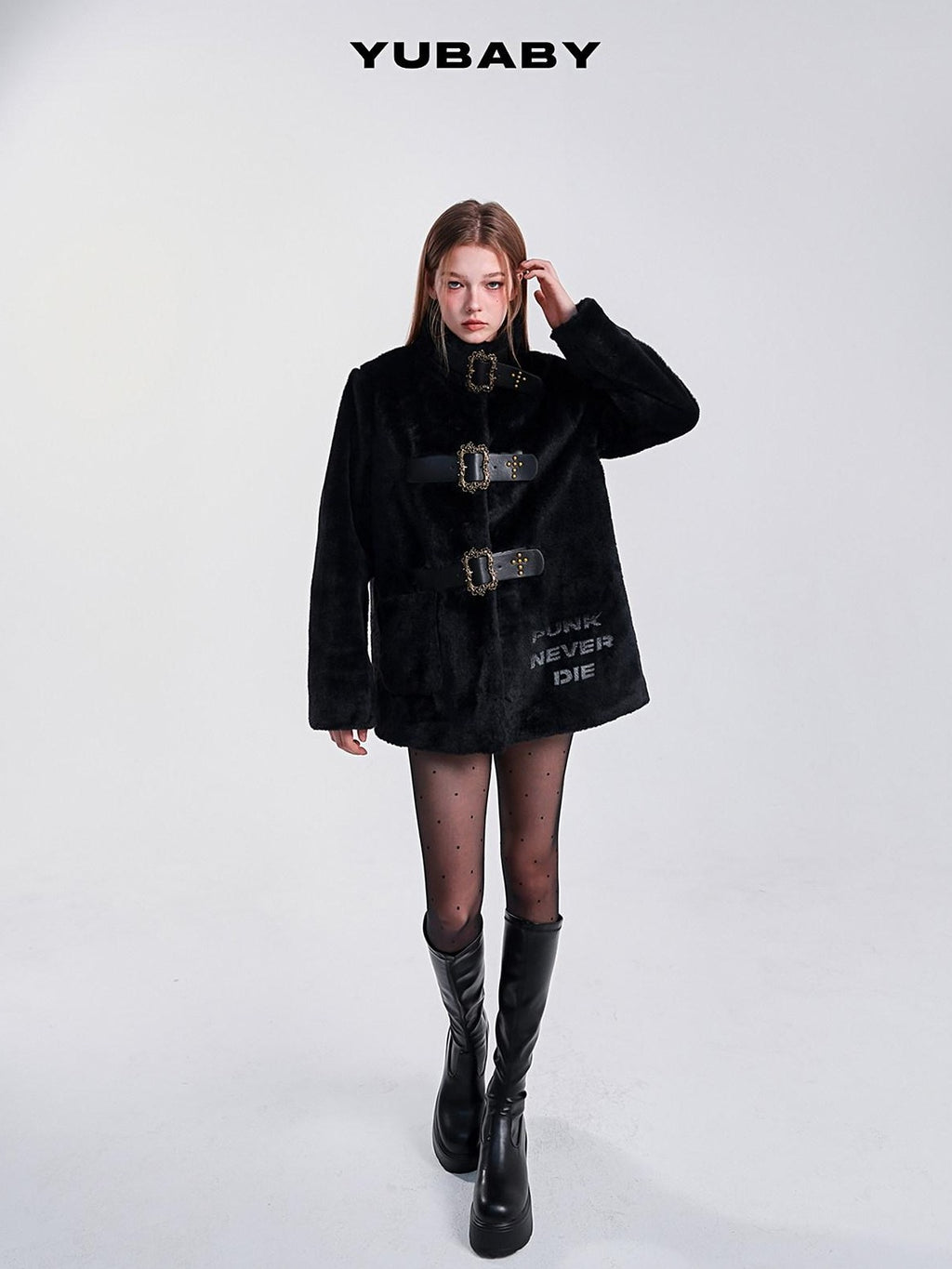 YUBABY Studded Cross Carved Belt Buckle Stand Collar Women's Faux Fur Wool Coats