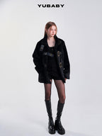 YUBABY Studded Cross Carved Belt Buckle Stand Collar Women's Faux Fur Wool Coats