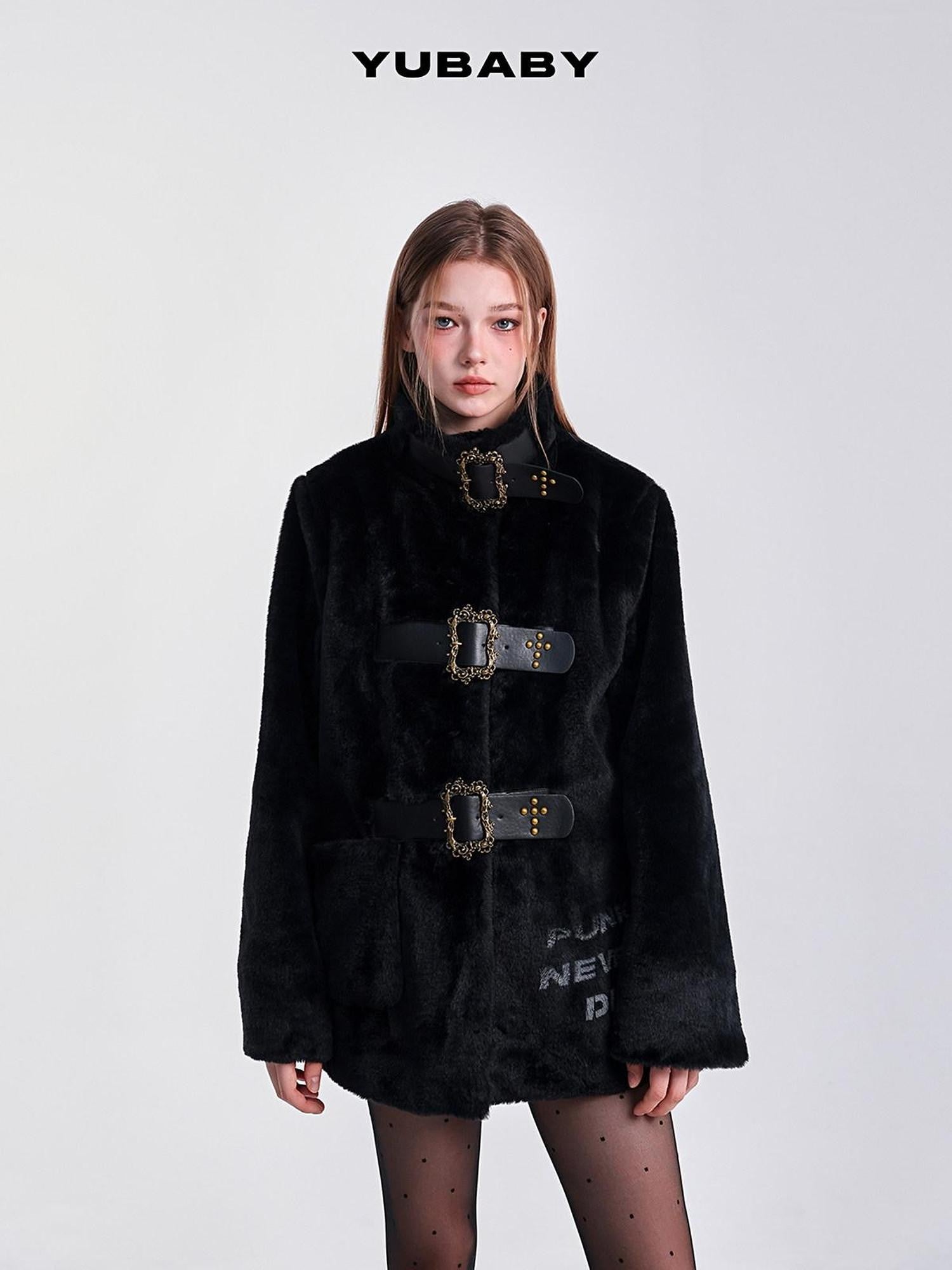 YUBABY Studded Cross Carved Belt Buckle Stand Collar Women's Faux Fur Wool Coats